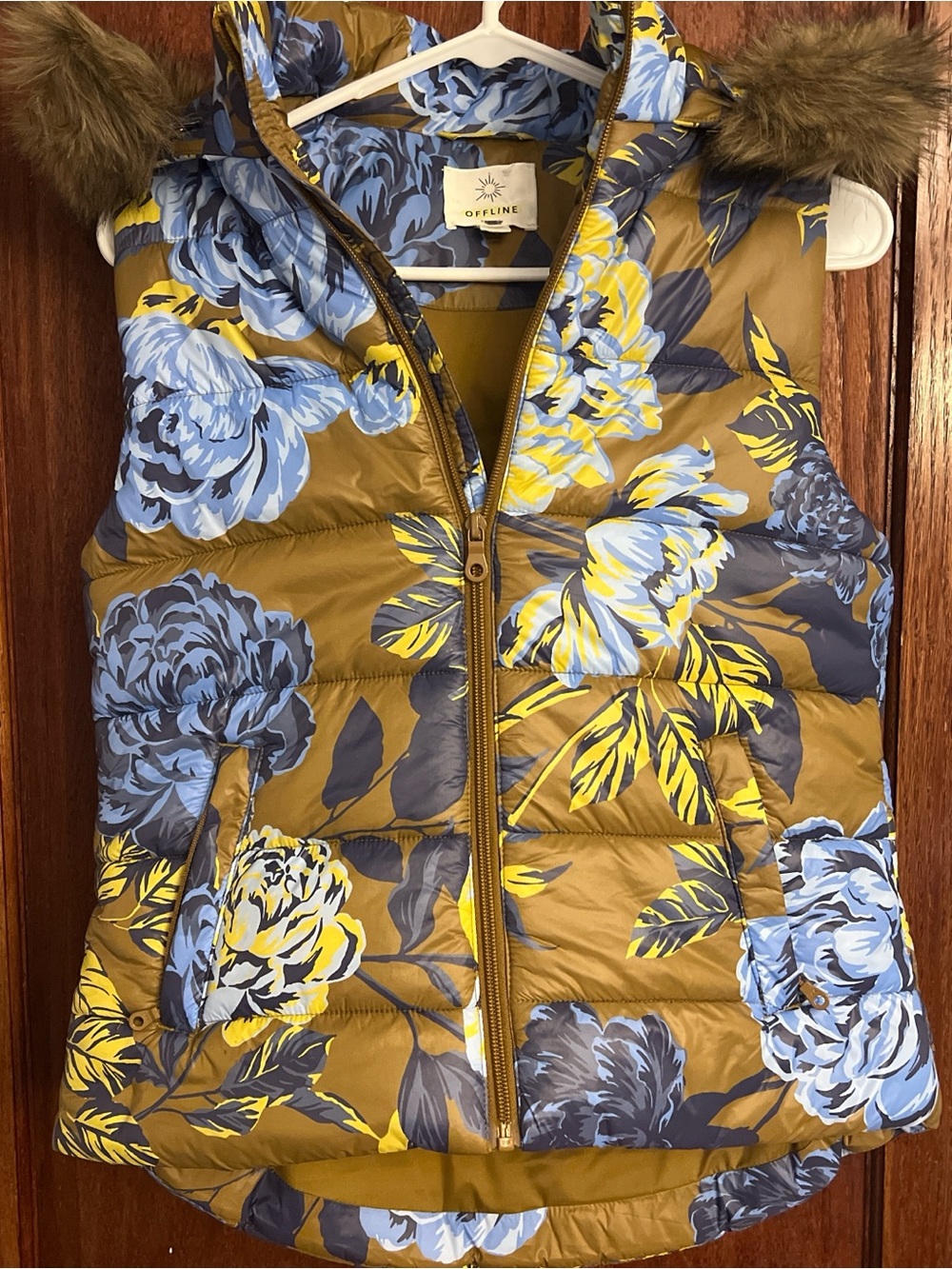 aerie Floral Puffer Vest in Mustard, Blue, Yellow